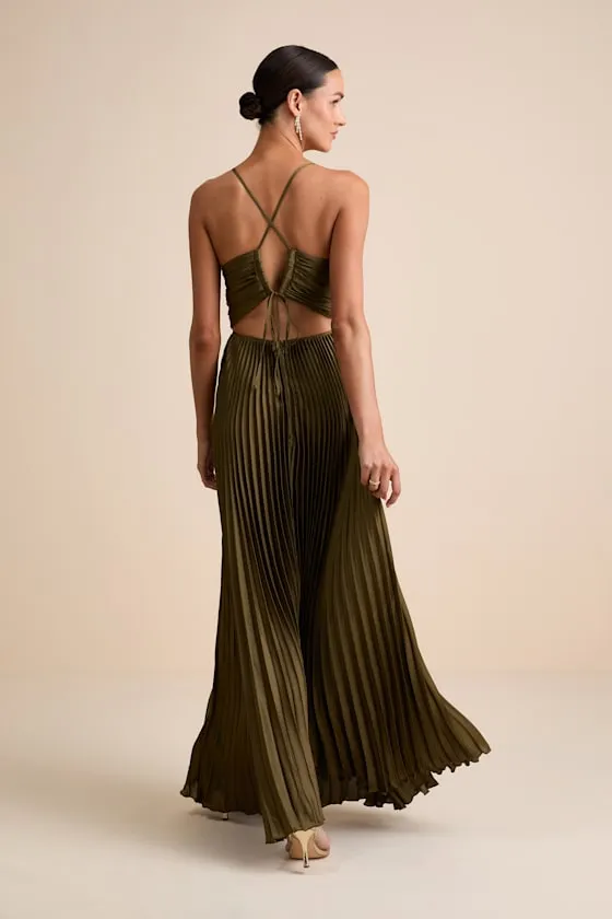 Dreaming in Color Olive Green V-Neck Pleated Satin Maxi Dress sold by Lulus product image thumbnail 3