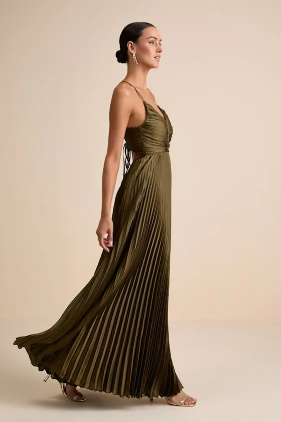 Dreaming in Color Olive Green V-Neck Pleated Satin Maxi Dress sold by Lulus product image thumbnail 4