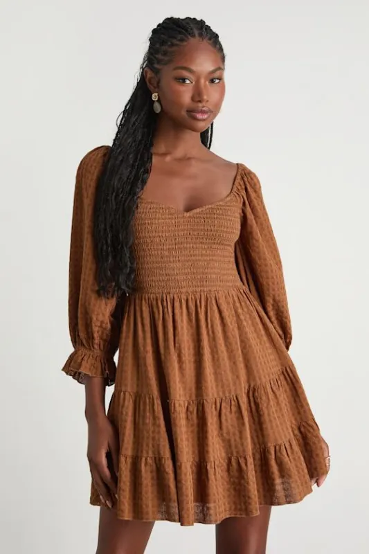 Charming Afternoon Tan Gingham Balloon Sleeve Mini Dress sold by Lulus