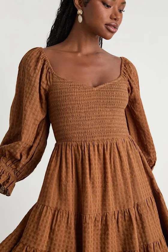 Charming Afternoon Tan Gingham Balloon Sleeve Mini Dress sold by Lulus product image thumbnail 3