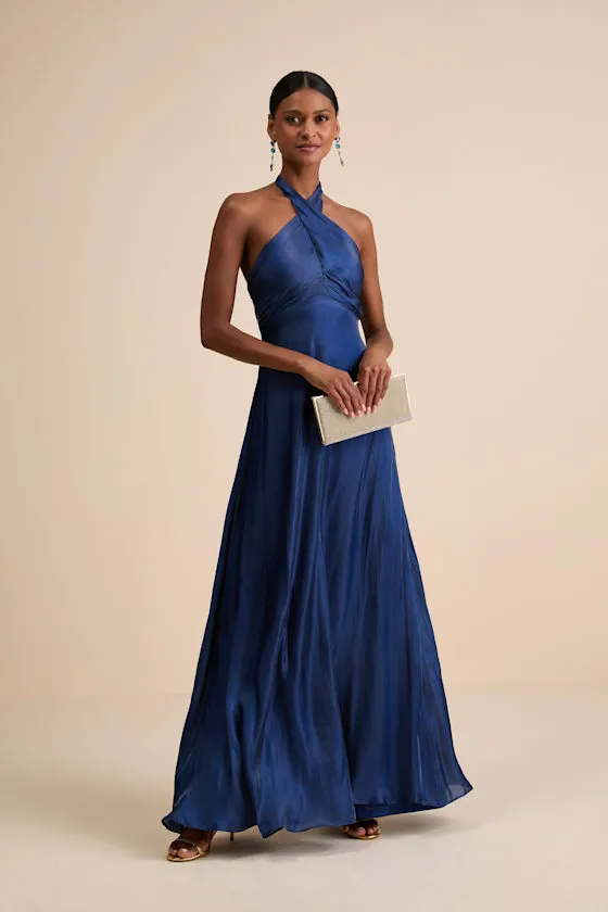Canley Blue Satin Cross-Front Halter Maxi Dress sold by Lulus