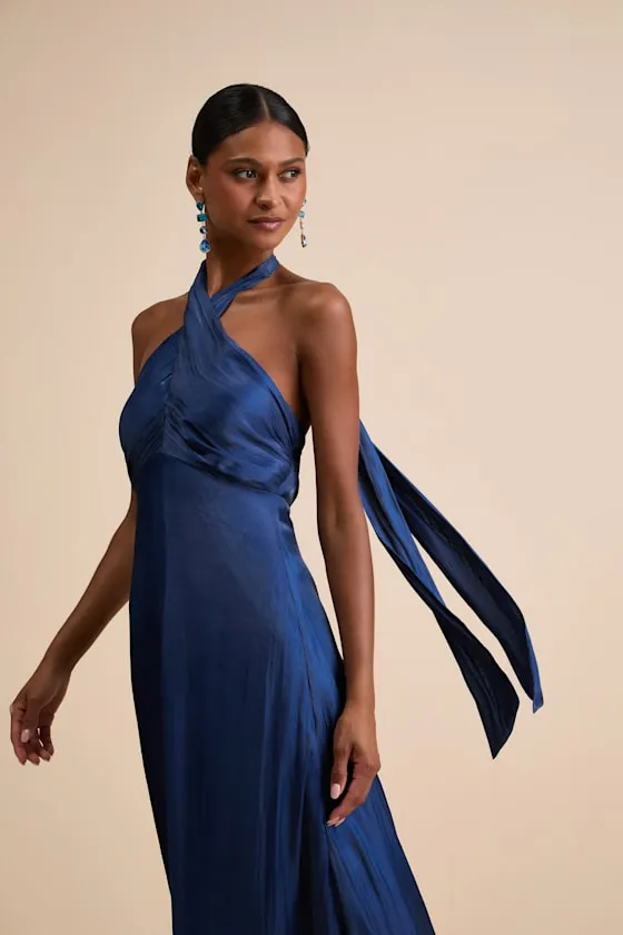 Canley Blue Satin Cross-Front Halter Maxi Dress sold by Lulus product image thumbnail 2