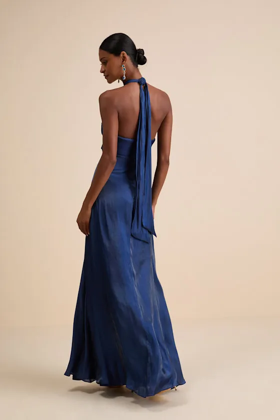Canley Blue Satin Cross-Front Halter Maxi Dress sold by Lulus product image thumbnail 3