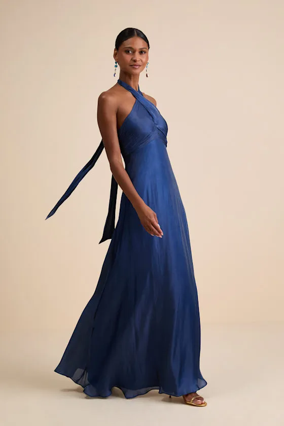 Canley Blue Satin Cross-Front Halter Maxi Dress sold by Lulus product image thumbnail 4
