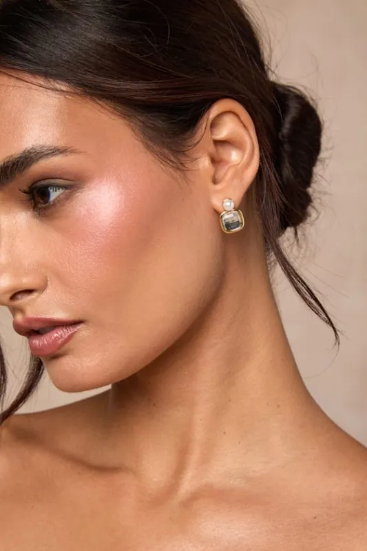 Malini Gold Rhinestone Pearl Stud Earrings sold by Lulus