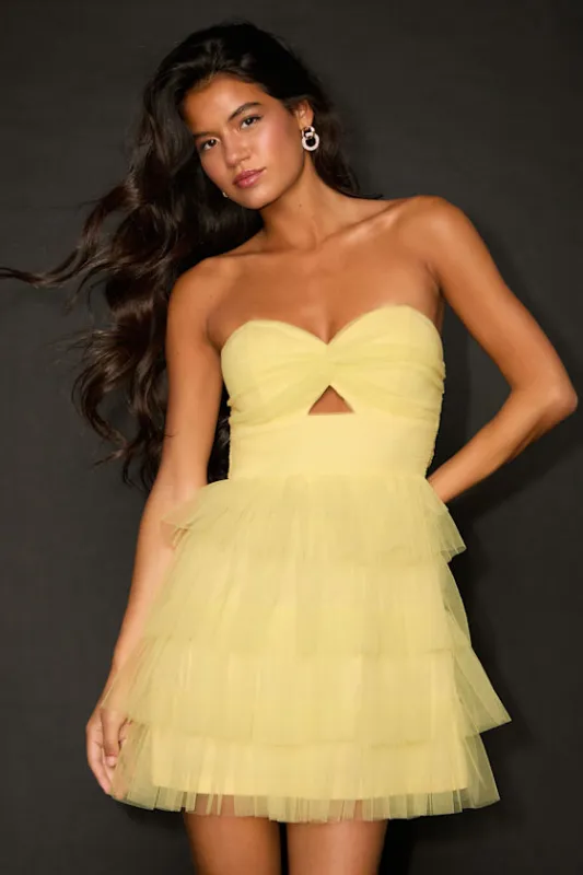 Sapphira Light Yellow Tulle Tiered Cutout Mini Dress sold by Lulus