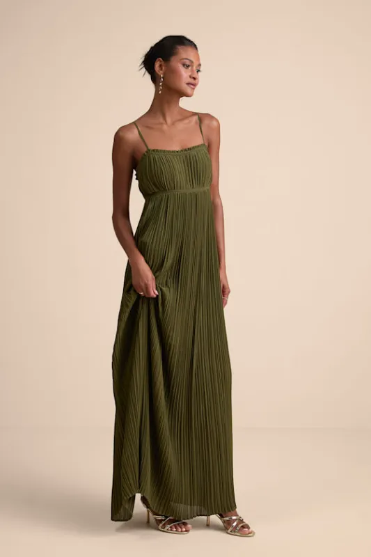 Delina Olive Plisse Chiffon Tie-Back Maxi Dress sold by Lulus