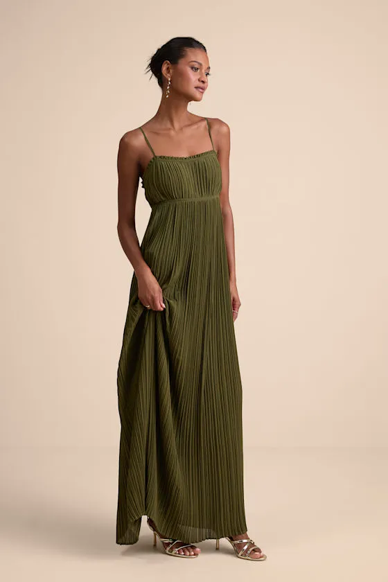 Delina Olive Plisse Chiffon Tie-Back Maxi Dress sold by Lulus