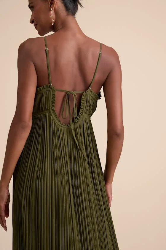 Delina Olive Plisse Chiffon Tie-Back Maxi Dress sold by Lulus product image thumbnail 2