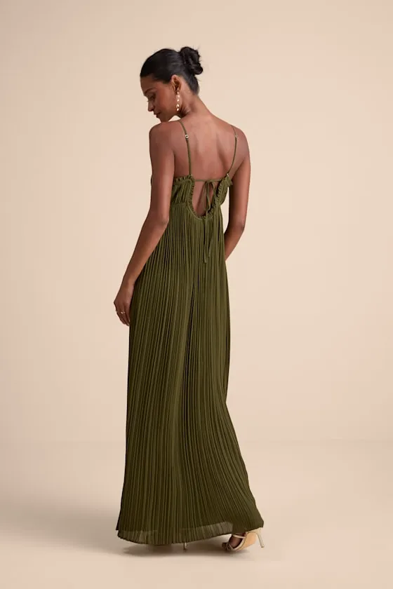 Delina Olive Plisse Chiffon Tie-Back Maxi Dress sold by Lulus product image thumbnail 3