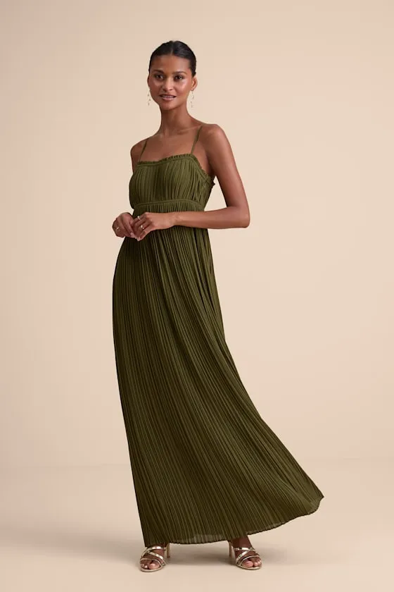 Delina Olive Plisse Chiffon Tie-Back Maxi Dress sold by Lulus product image thumbnail 4