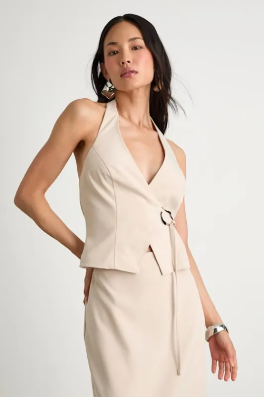 Virginia Beige Halter Belted Vest Top sold by Lulus