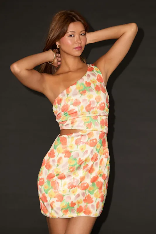 Carissa White Multi Floral Sequin One-Shoulder Mini Dress sold by Lulus