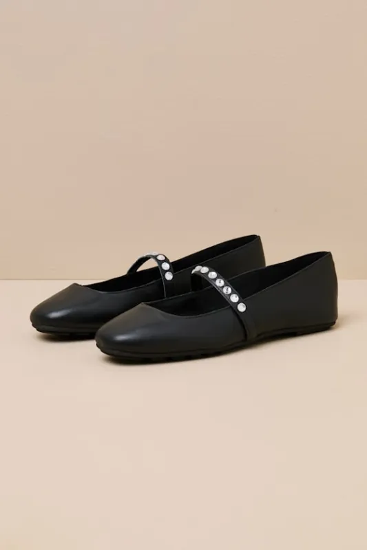 Karolin Black Leather Rhinestone Ballet Flats sold by Lulus