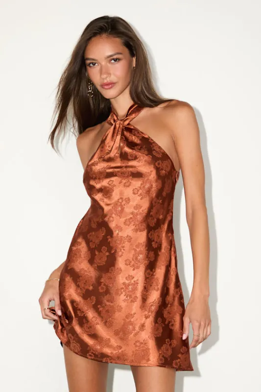 Got the Key Rust Satin Floral Jacquard Halter Mini Dress sold by Lulus