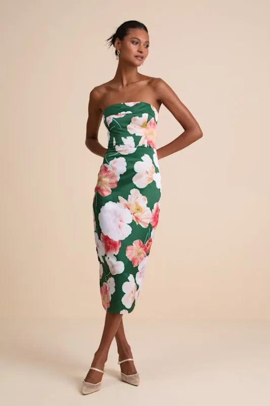 Oriana Dark Green Floral Satin Strapless Midi Dress sold by Lulus