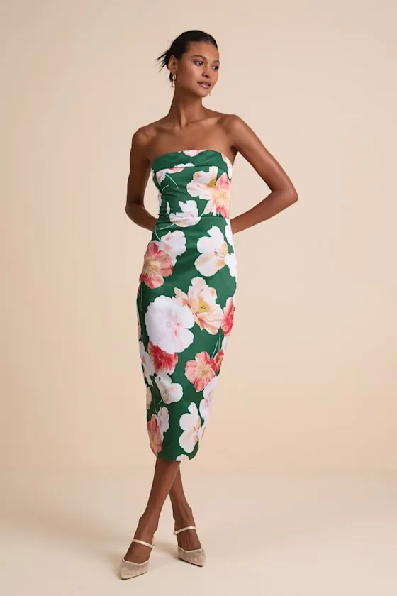 Oriana Dark Green Floral Satin Strapless Midi Dress sold by Lulus