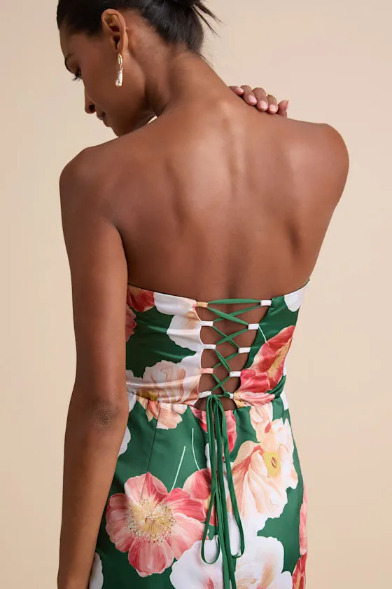 Oriana Dark Green Floral Satin Strapless Midi Dress sold by Lulus product image thumbnail 2