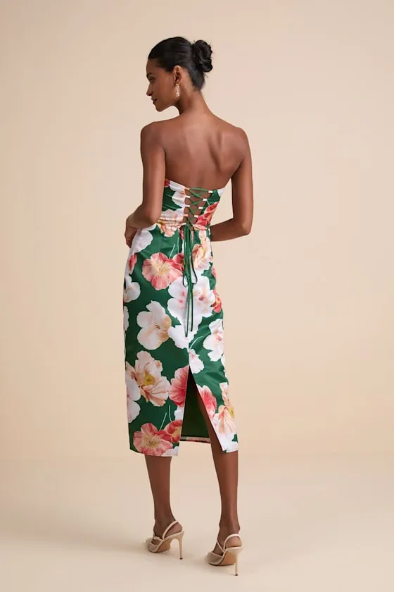 Oriana Dark Green Floral Satin Strapless Midi Dress sold by Lulus product image thumbnail 3