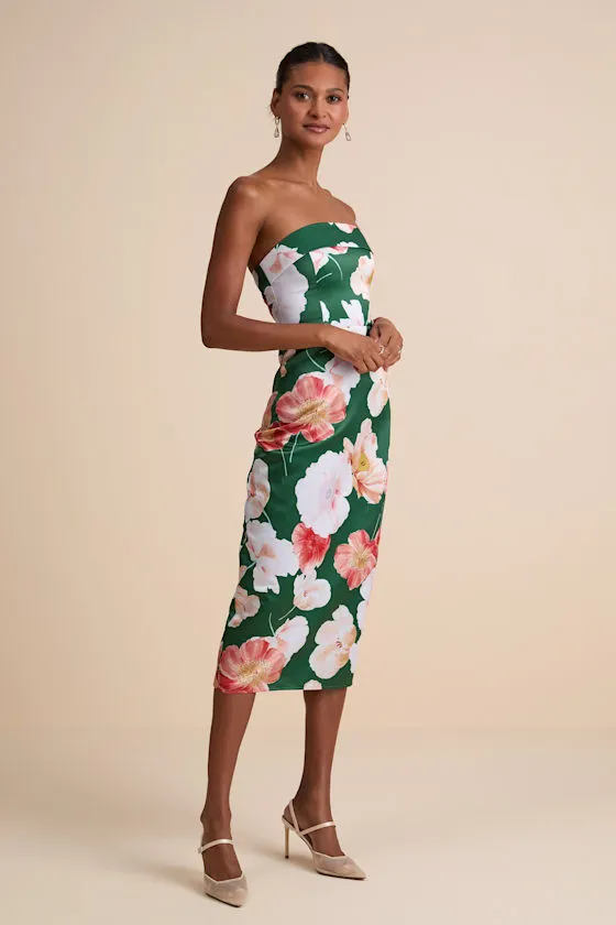 Oriana Dark Green Floral Satin Strapless Midi Dress sold by Lulus product image thumbnail 4