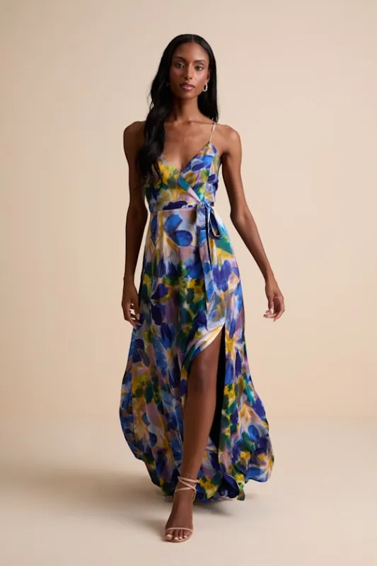 Still the One Blue Multi Floral Print Satin Maxi Dress sold by Lulus