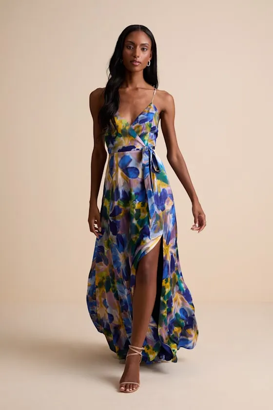 Still the One Blue Multi Floral Print Satin Maxi Dress sold by Lulus