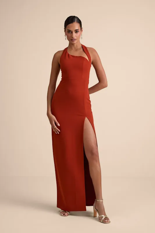 Unforgettable Rust Red Asymmetrical Halter Maxi Dress sold by Lulus