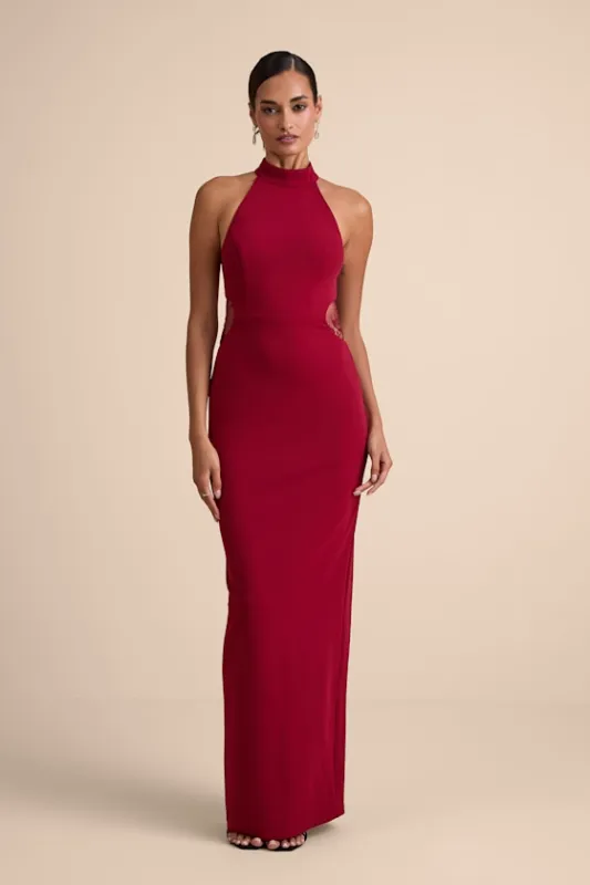 Vira Red Mock Neck Lace Cutout Maxi Dress sold by Lulus