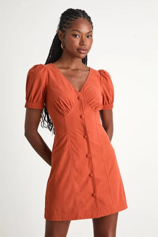 Adored Cutie Orange Corduroy Button-Front Mini Dress sold by Lulus