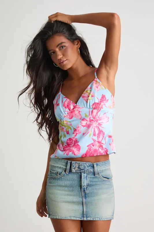 Zelimah Light Blue Floral Satin Cami Top sold by Lulus