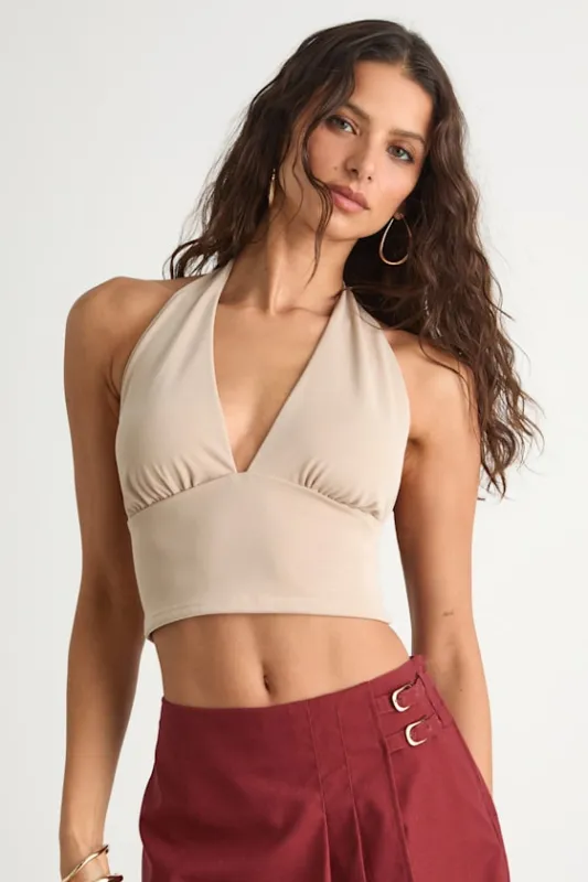 Niyara Beige Jersey Knit Halter Crop Top sold by Lulus