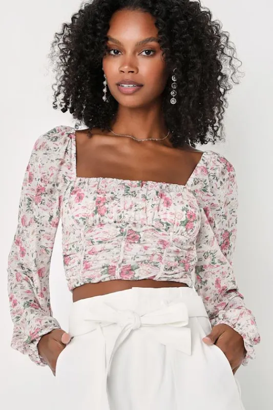 Sweet Aesthetic Ivory Floral Print Mesh Balloon Sleeve Crop Top sold by Lulus