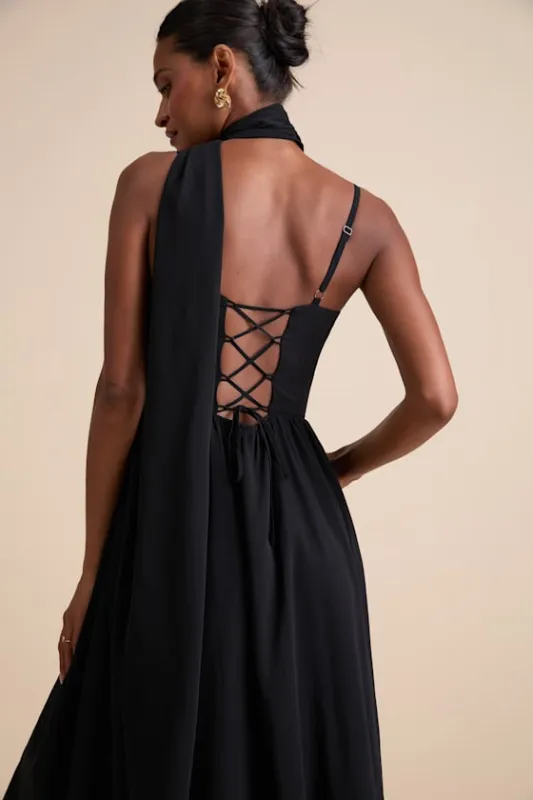 Irresistibly Darling Black Chiffon Midi Dress and Scarf Set sold by Lulus