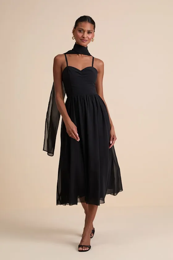 Irresistibly Darling Black Chiffon Midi Dress and Scarf Set sold by Lulus product image thumbnail 2