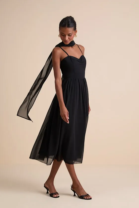 Irresistibly Darling Black Chiffon Midi Dress and Scarf Set sold by Lulus product image thumbnail 3