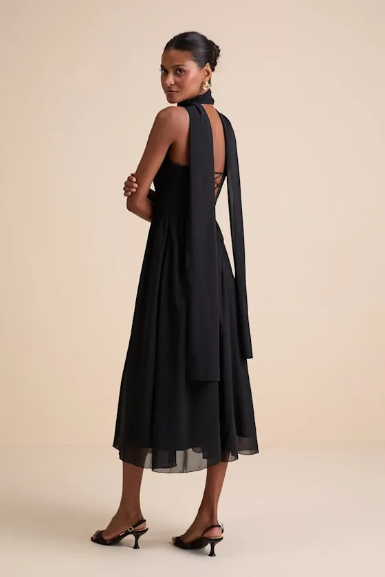 Irresistibly Darling Black Chiffon Midi Dress and Scarf Set sold by Lulus product image thumbnail 4