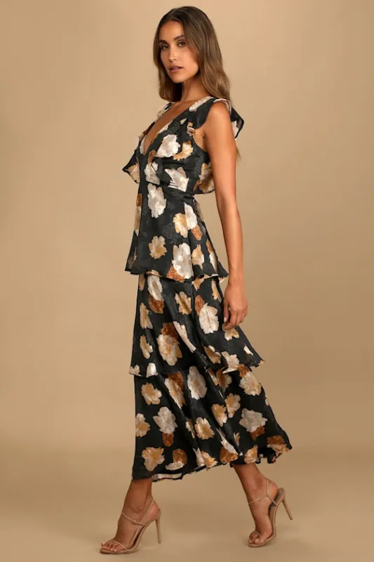 No Introductions Needed Black Burnout Floral Tiered Maxi Dress sold by Lulus