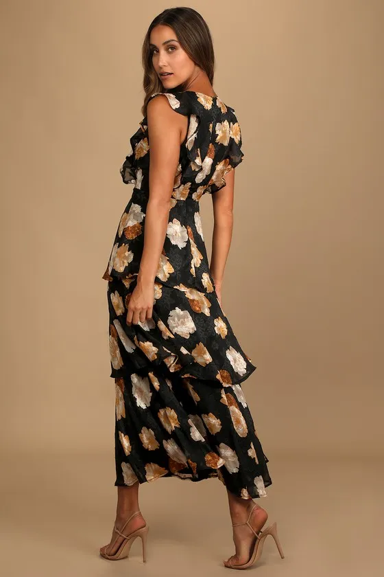 No Introductions Needed Black Burnout Floral Tiered Maxi Dress sold by Lulus product image thumbnail 3