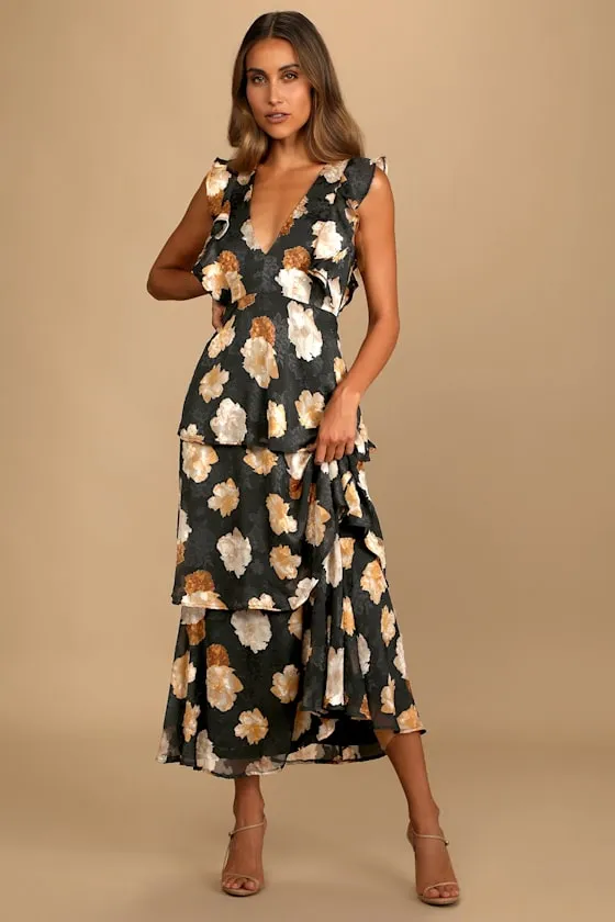 No Introductions Needed Black Burnout Floral Tiered Maxi Dress sold by Lulus product image thumbnail 4
