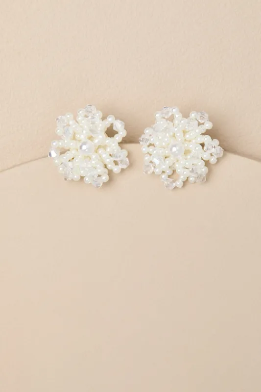 Loreah White Pearl Beaded Floral Earrings sold by Lulus
