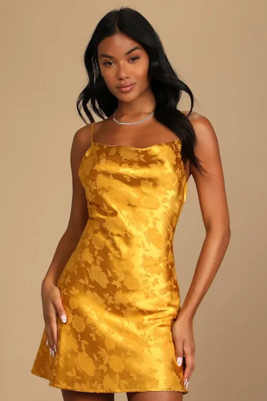 Close to Your Heart Golden Yellow Satin Jacquard Cowl Slip Dress sold by Lulus