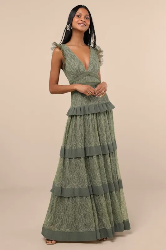 Marvelous Darling Olive Lace Ruffled Tiered Maxi Dress sold by Lulus