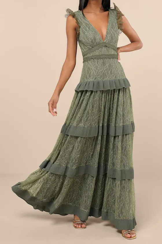 Marvelous Darling Olive Lace Ruffled Tiered Maxi Dress sold by Lulus product image thumbnail 3