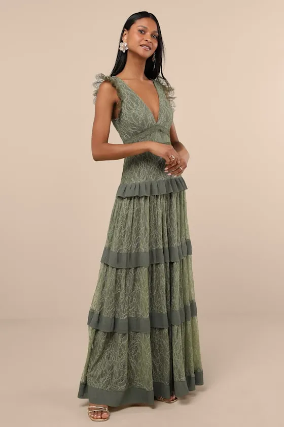 Marvelous Darling Olive Lace Ruffled Tiered Maxi Dress sold by Lulus product image thumbnail 4