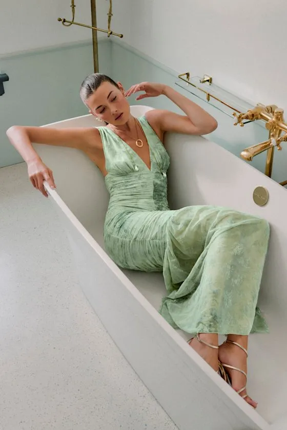 Jamie Mint Green Floral Mesh Sheer Hem Maxi Dress sold by Lulus