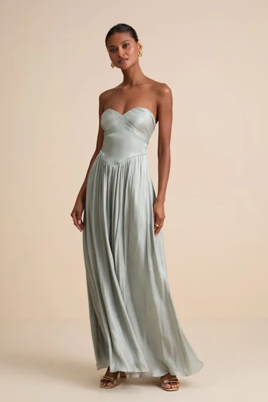 Kylin Sage Satin Basque Waist Maxi Dress made by Lulus