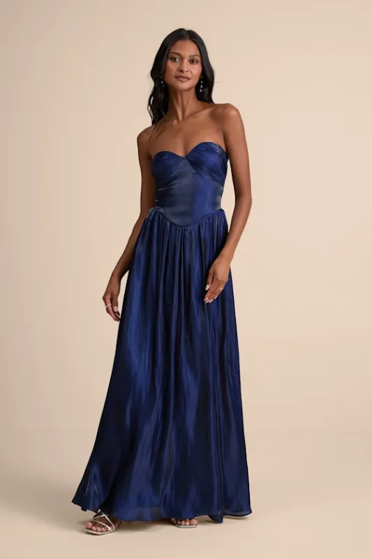Kylin Navy Satin Basque Waist Maxi Dress sold by Lulus