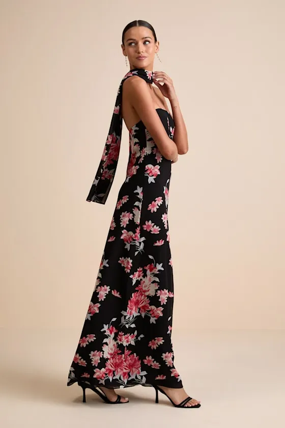 Rawya Black Floral Strapless Maxi Dress and Scarf Set sold by Lulus