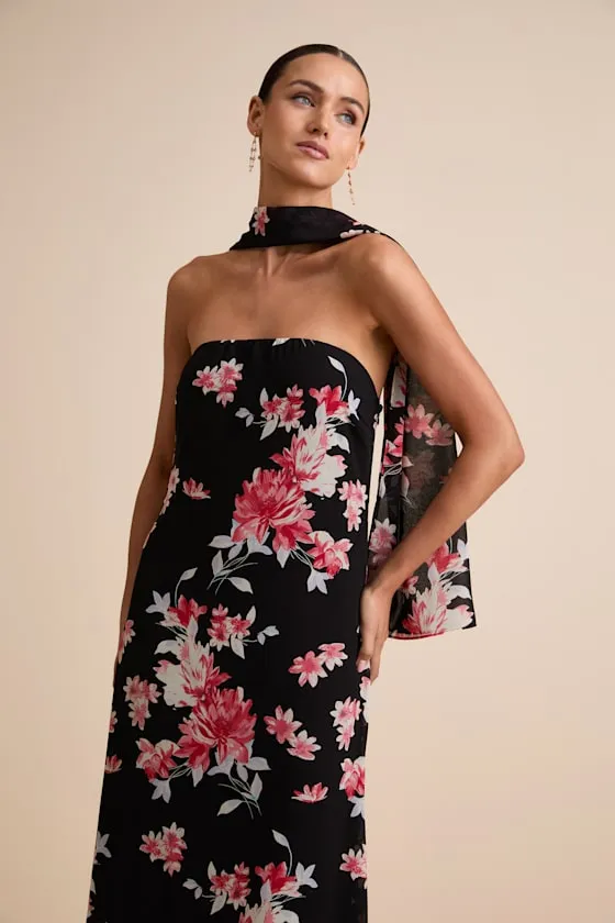 Rawya Black Floral Strapless Maxi Dress and Scarf Set sold by Lulus product image thumbnail 2