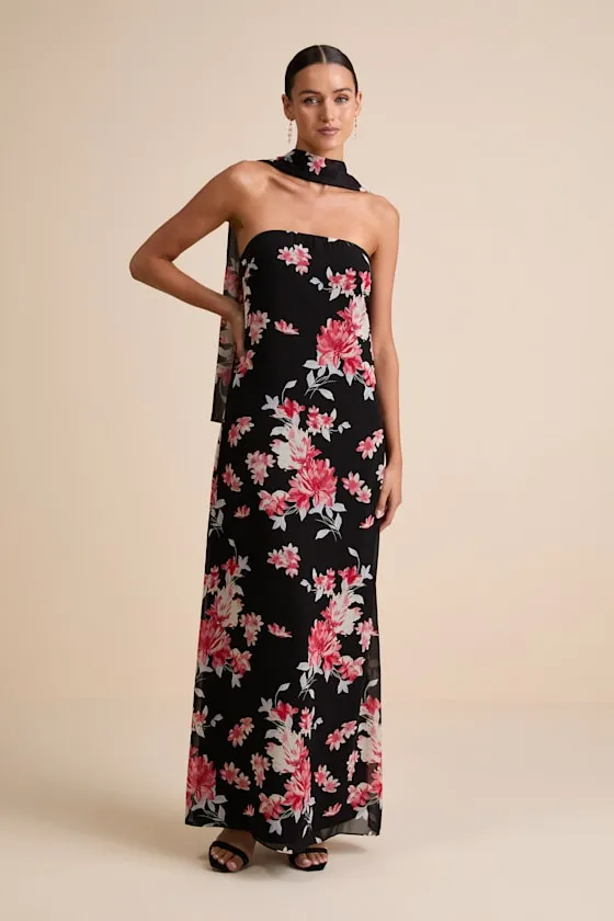 Rawya Black Floral Strapless Maxi Dress and Scarf Set sold by Lulus product image thumbnail 3